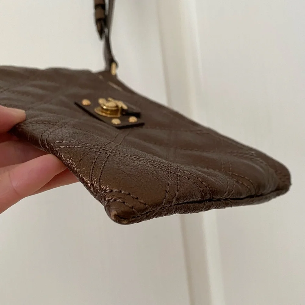Marc Jacobs Made in Italy Brown Metallic Quilted Leather Wristlet Clutch Pouch